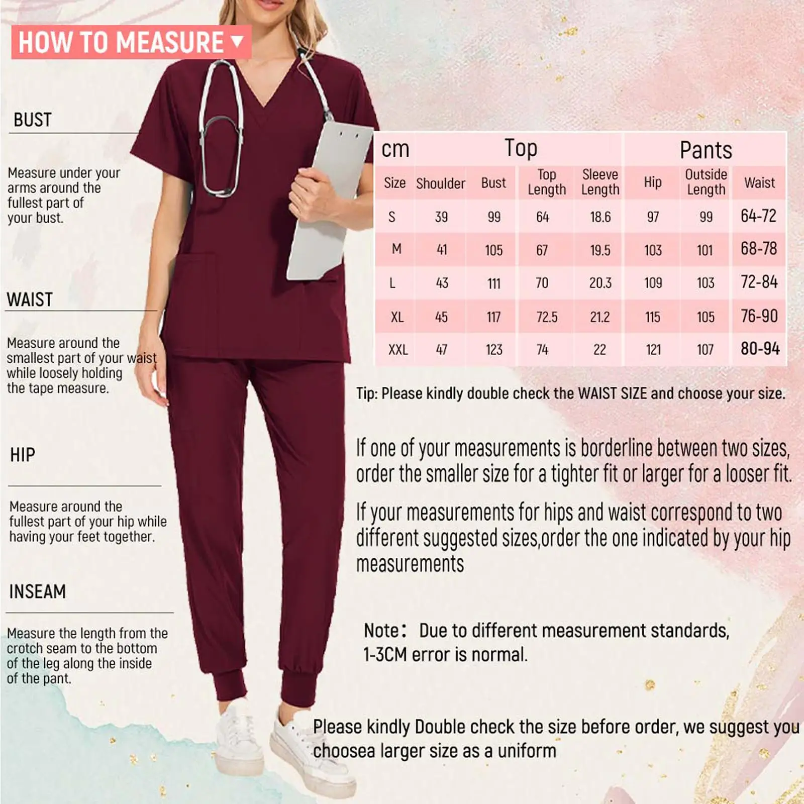 solid-color-women-scrub-set-with-multi-pocket-top-and-drawstring-jogger-pants-for-work