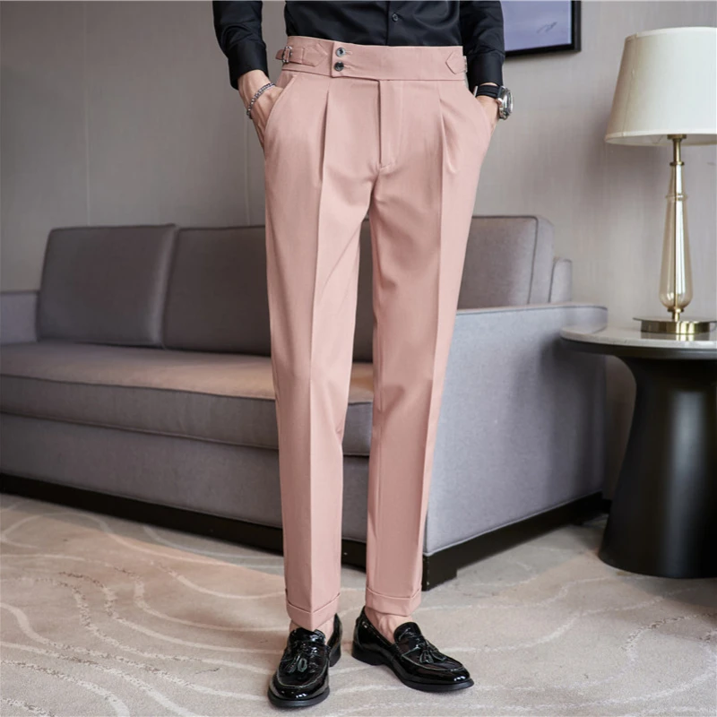 British Style Men High Waist Casual Dress Pant Men Belt Design Pink Trousers Formal Office Social Wedding Party Dress Suit Pants