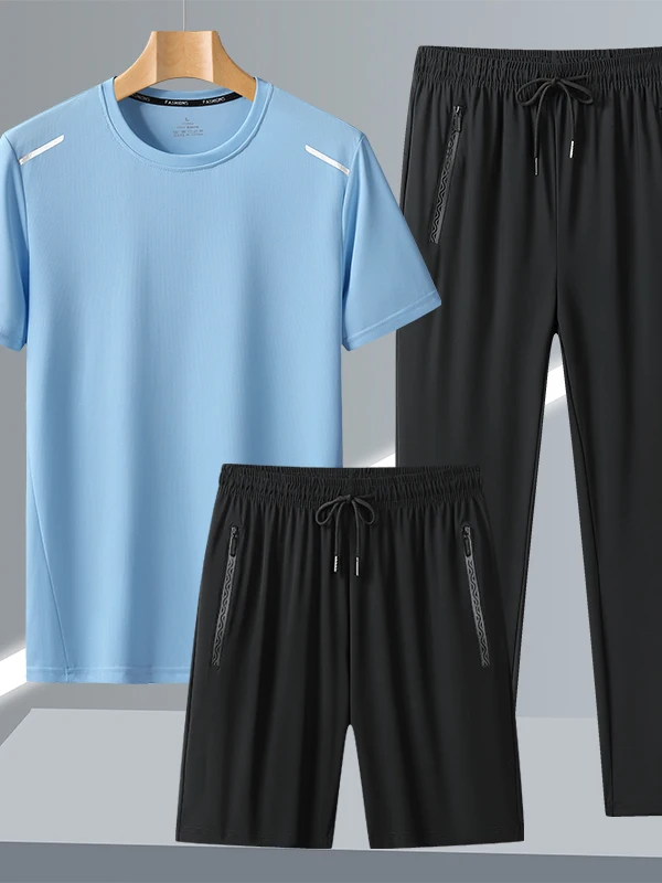

Ice Silk Men's T-irt Pants Loose Fit ort Sve Summer Tee-Piece Set Qui Dry Sports Straight Leg Long Pants