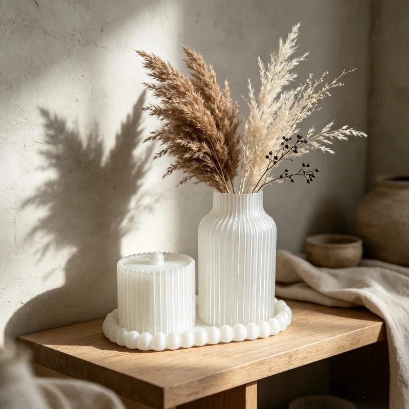 Small White Vertical-Striped Vase Set with Beaded Edge Tray, Cotton Swab Storage Jar with Lid, Compact Desktop Decoration Set, Suitable for Narrow Bathroom Countertops, Dorms, and Office Desk Decoration