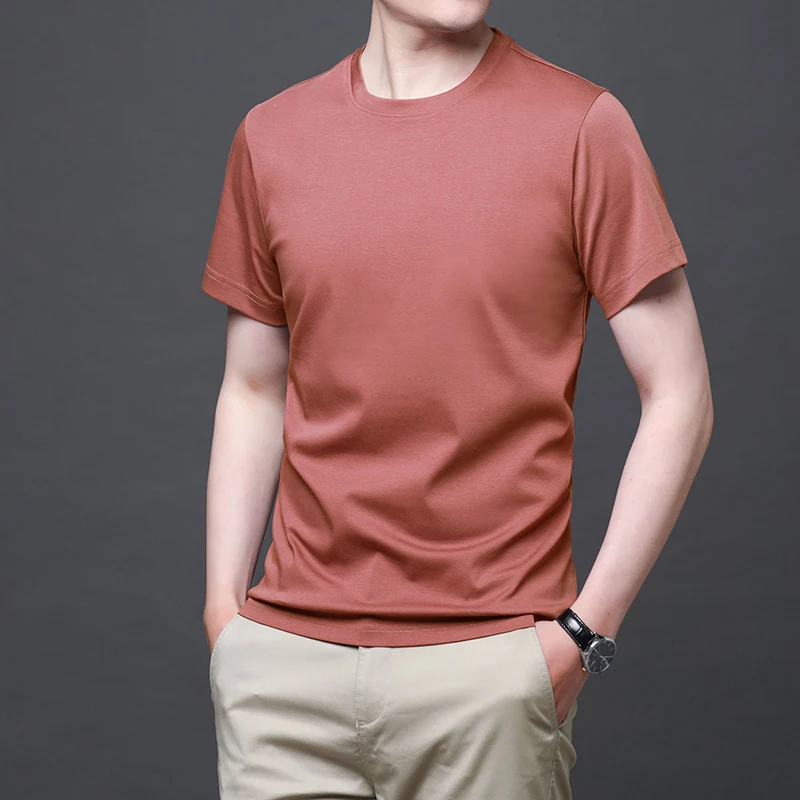 Mercerized Cotton Short-Sleeved T-Shirt Men's Round Neck Summer Business Leisure 80 Cotton Loose Solid Color Tops