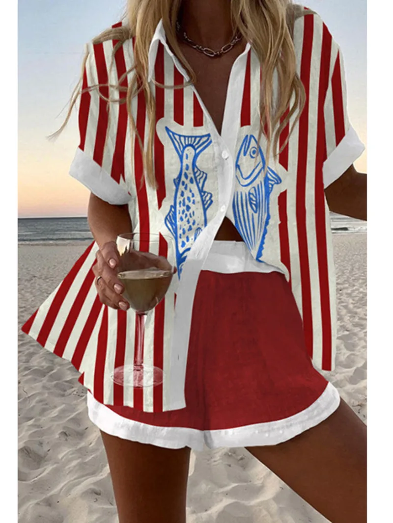 패션 프린트 비치 홀리데이 2 피스 세트 여성 여름 짧은 소매 셔츠 탑 + 넓은 다리 짧은 여성 오버 사이즈 투피스 의상 L9A