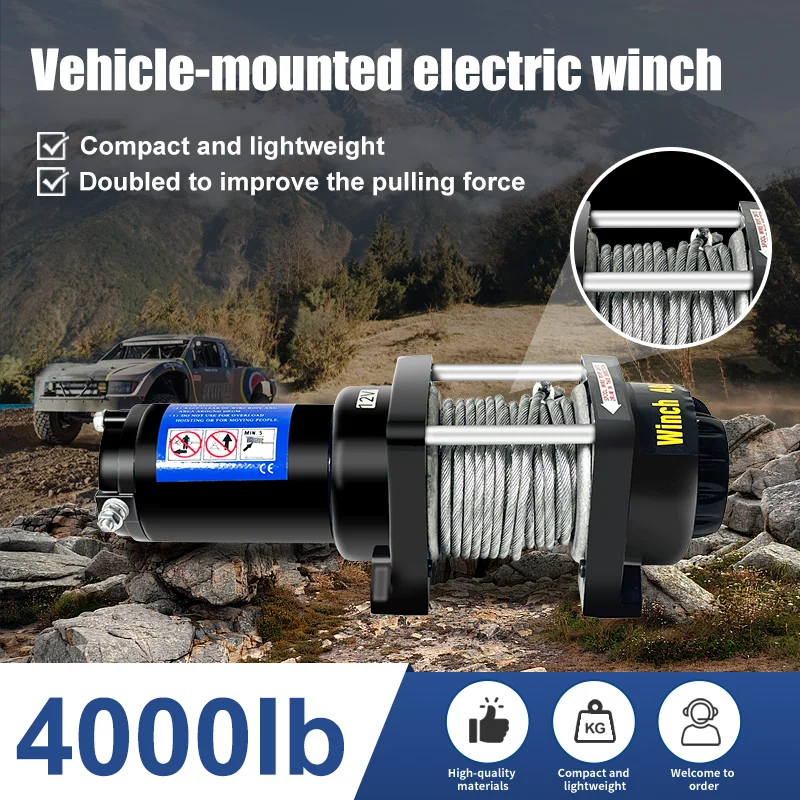 ونش كهربائي محمول 12 فولت تيار مستمر مادة فولاذية سعة رفع 4000 رطل للسيارة والقارب تتميز بحبل أسلاك الفولاذ