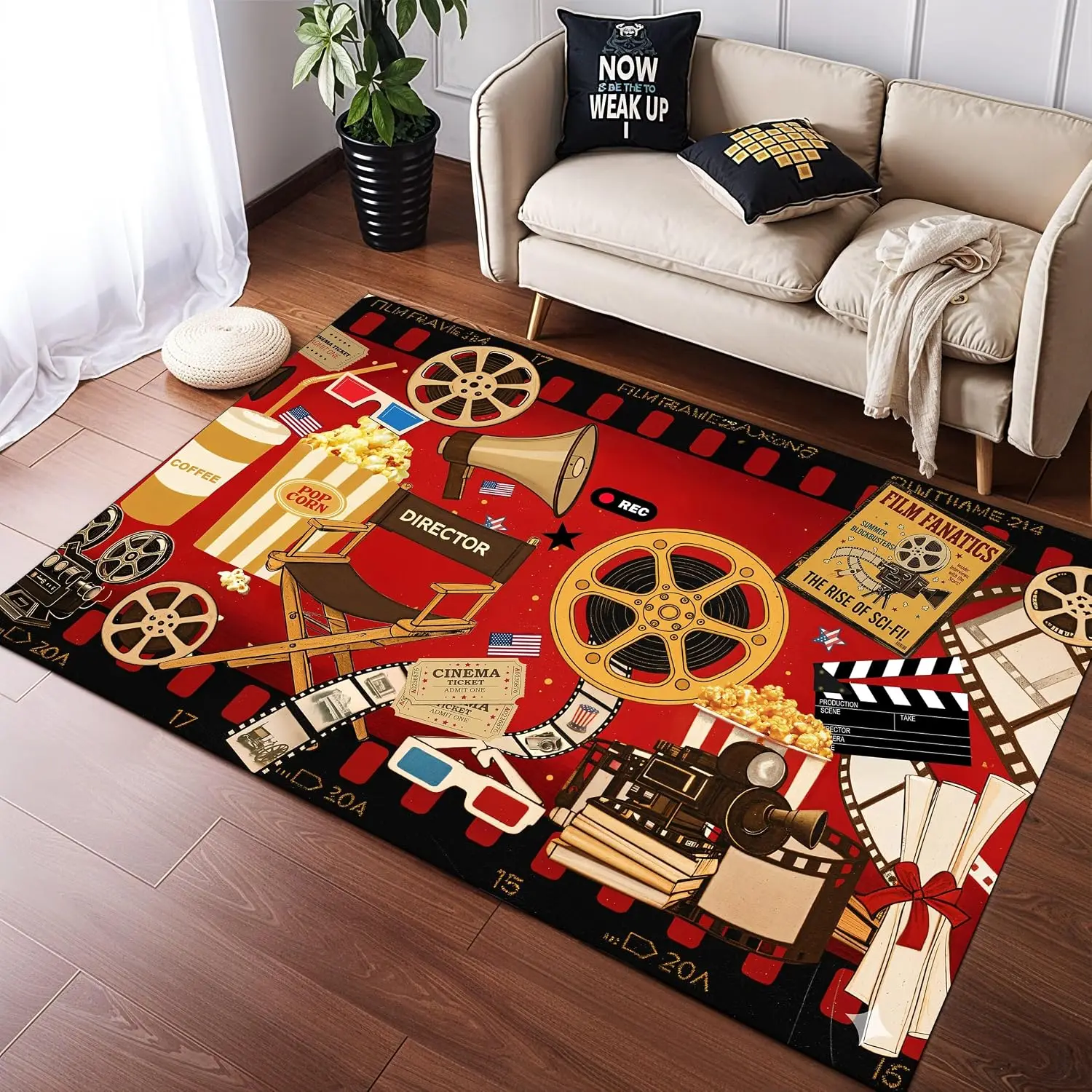 Movie Night Cinema Washable Rug, Soft Non-Slip Carpet for Home Theater Living Room, Retro Pop Culture Decor Floor Mat
