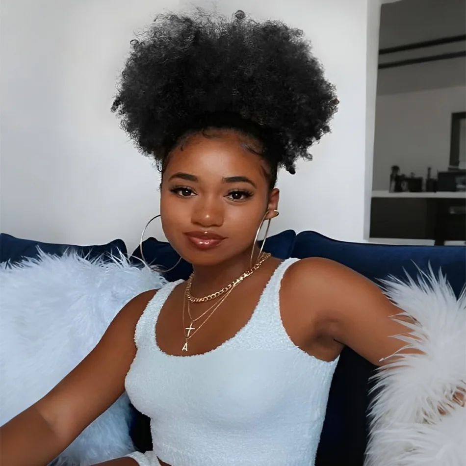 Extensões de Cabelo Sintético Curto Afro Puff com Cordão, Coque Crespo Cacheado, Aplique de Cabelo Volumoso para Penteados Elevados para Mulheres Negras