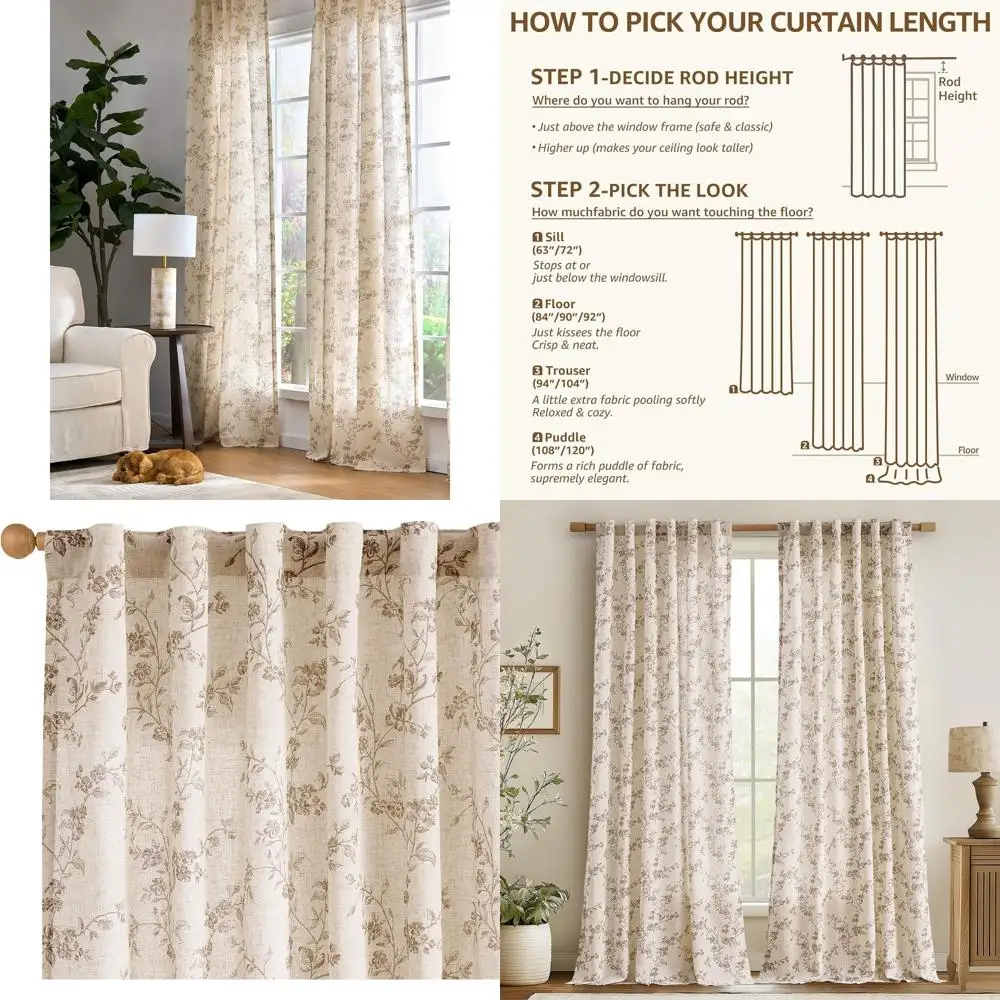 

Льняные шторы цвета тауп с цветочным узором, 96 дюймов, с креплением на петлях, в стиле французского кантри для гостиной и спальни, комплект из 2 панелей