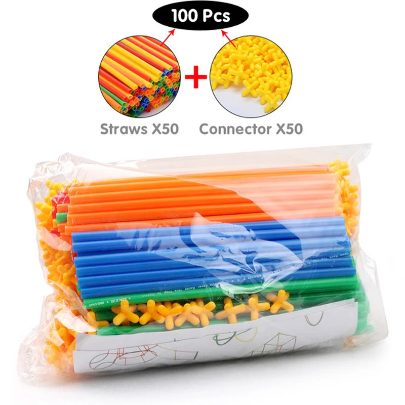 DIY Straw Building Blocks Plastic Stitching Inserted Construction Assembled Blocks Bricks Educational Toys for Children Gift