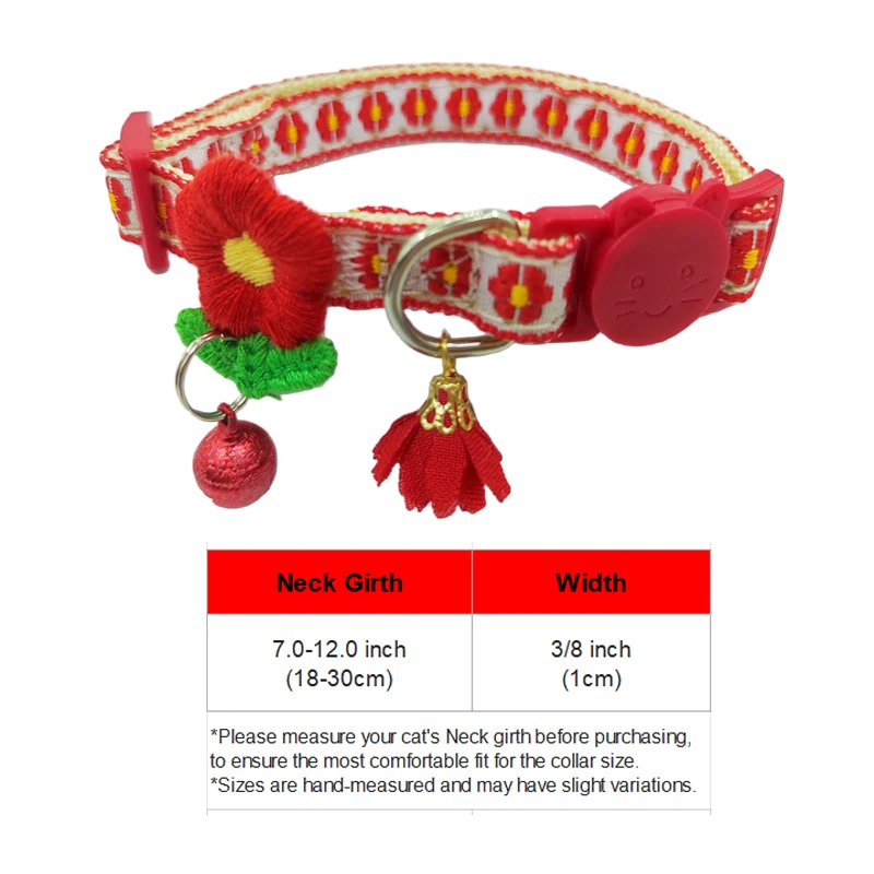 Embroidered Polyester Fiber Cat Collar With Safety Buckle, Round Floral Pet Collar With Bell & Pendant, Adjustable Durable Cute