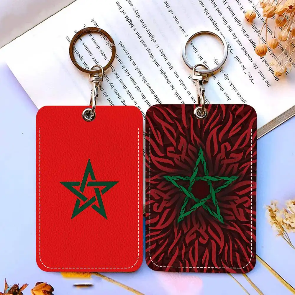 Morocco Map Flag Rectangle ID Card Case Keychain Access Card Bag Key Tag Ring Leather Card Holder Key Ring Access
