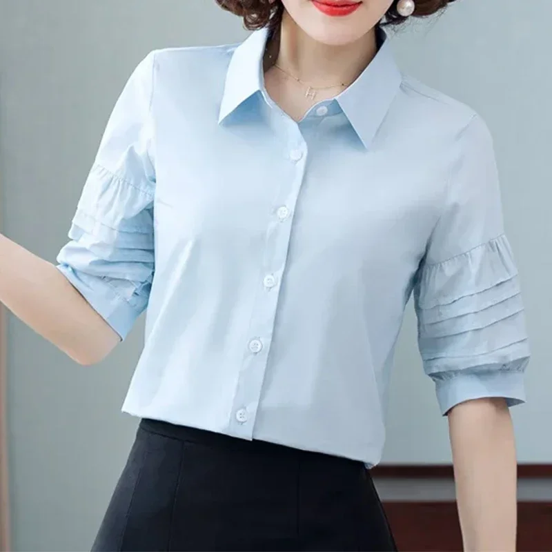 

100% Cotton Lantern Sleeves Vintage White Women's Blouse Summer Short Sleeved Lace Patchwork Shirts Korean Style Solid Color Top