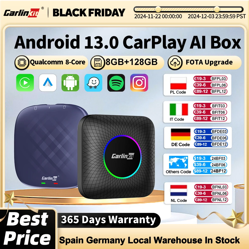 2024 CarlinKit Wireless CarPlay Ai Box Android 13 QCM665 6125 Mini Android Auto Wireless Adapter 8GB+128GB For Wired CarPlay Car