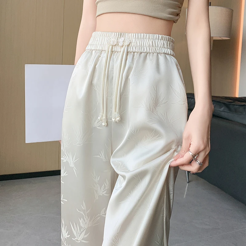 

Chinese Style Satin Loose Printed Women Wide Leg Full Pant 2025 New High Waist Spring Summer Casual Minimalism Straight Trousers