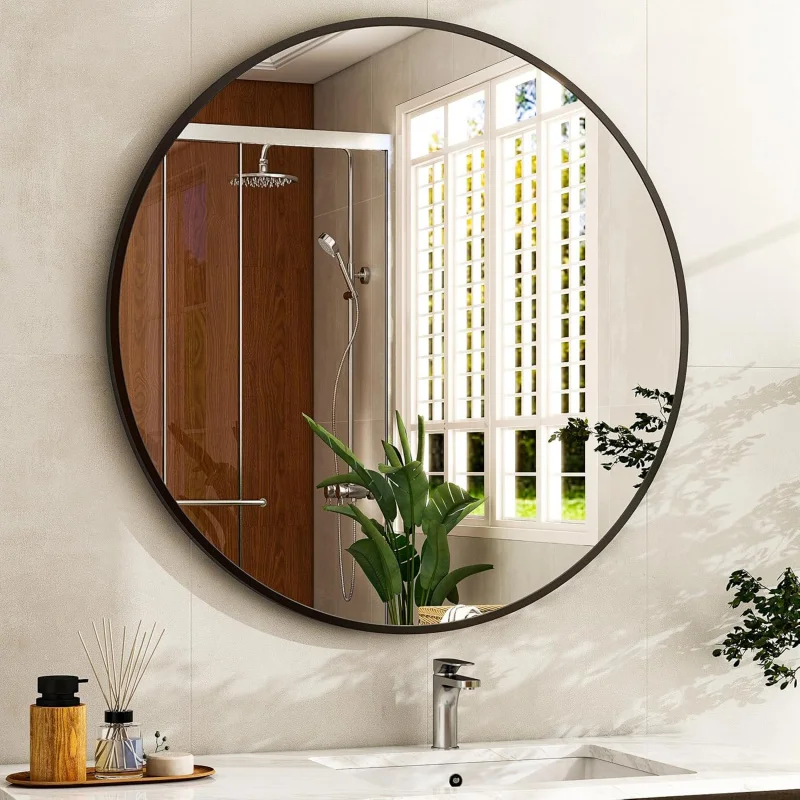 

20 Inch Round Bathroom Mirror - Black Wall Mounted Circle Mirror with Metal Frame, Modern Round Hanging Mirror Suitable Bath