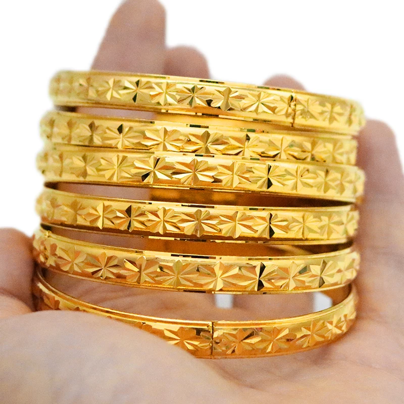 6 Pieces/Multiple Dubai 24k Gold-Plated Bracelets For Women With Floral Embellishments African Wedding Gifts Bride Bracelets