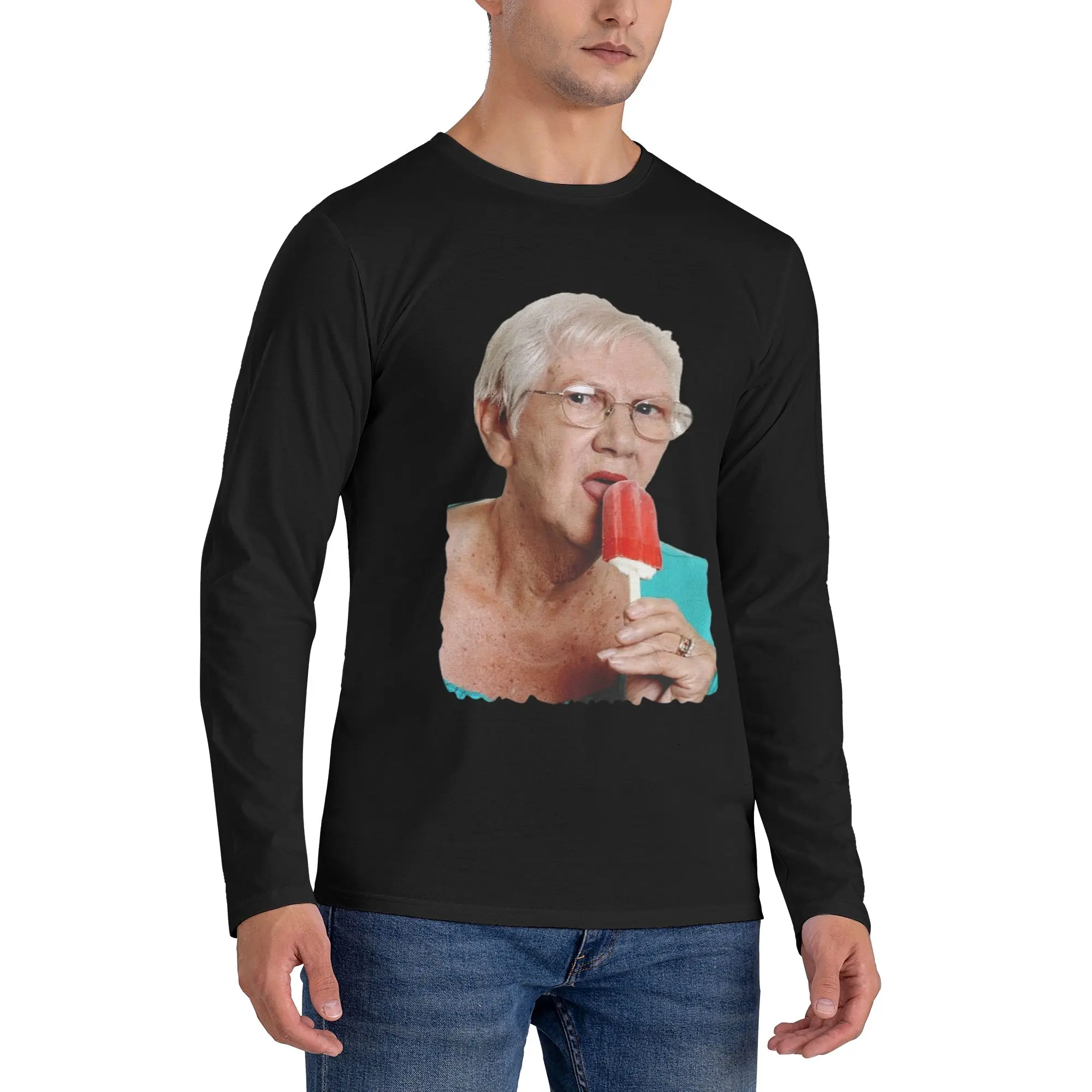 

Grandma Granny Ice Cream Men's Long Sleeved T-shirt Fashion Round Neck T shirts Spring and Autumn Men tops