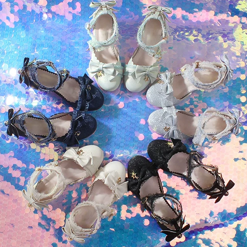 

Round Toe Lace Bowknot Glitter Ankle Strap Low Heel Pumps Woman Summer 2026 Sweet Lolita Shoes Women Sandals for Party Cosplay