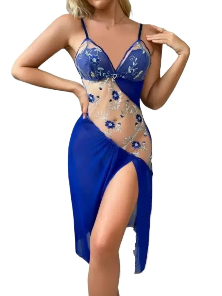 

Сексуальная ночная рубашка в европейском и американском стиле — длинное платье из прозрачного кружева с нерегулярной цветочной вышивкой, элегантная одежда для сна с вырезами