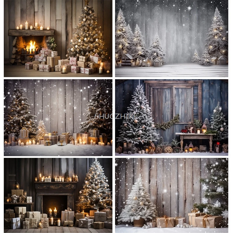 

Christmas Tree With Wooden Floor Photography Backdrops Pinecones Snow Fireplace New Year Winter Holiday Party Background DT-21