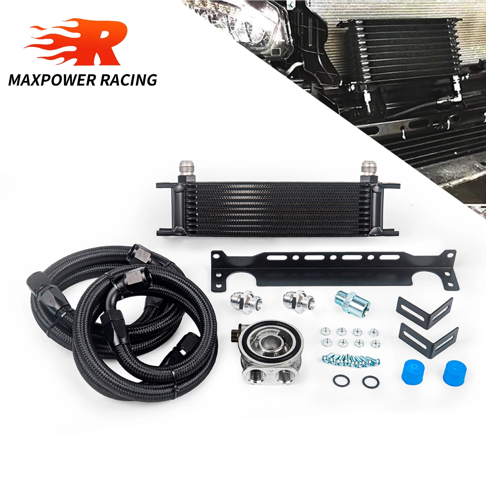 

10 Rows AN10 M-MODEL Oil Cooler Kit+Thermostat Oil Filter Sandwich Adapter+Nylon Stainless Steel Braided Hose+Mounting Bracket