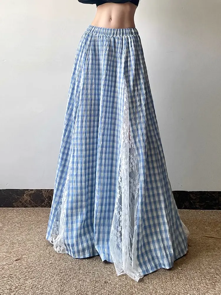

Spring Summer 2026 Blue Plaid A-Line Midi Skirt with Lace Trim Elastic Waist Slimming Half-length Skirts for Women
