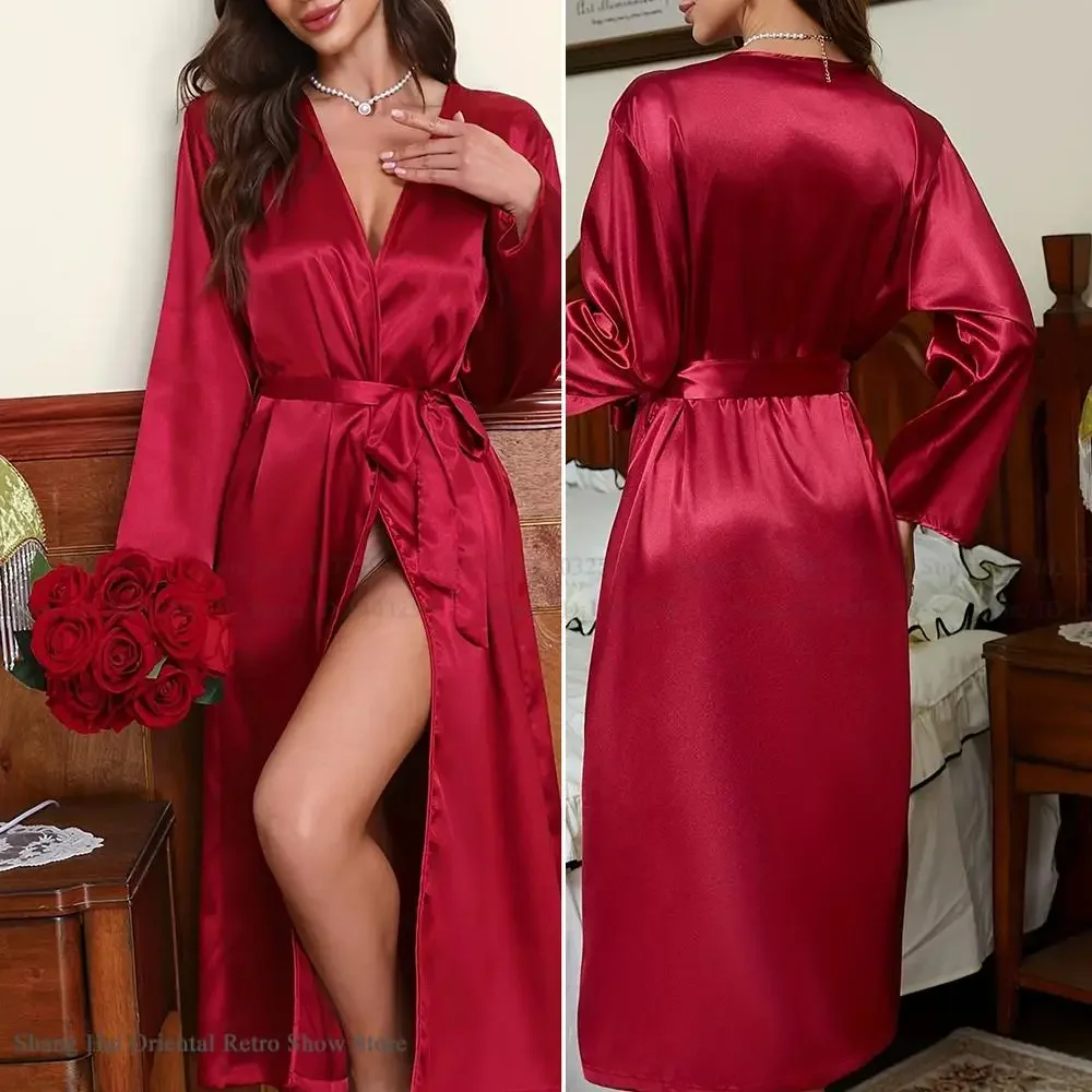 

Big Size 3XL-5XL Women Long Robe Kimono Bathrobe Gown Spring Autumn Home Dress Sleepwear Loose Silk Satin Lounge Wear Nightgown