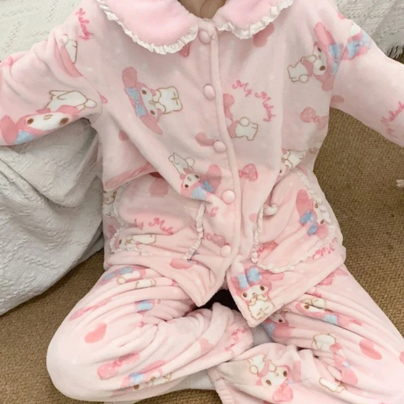 Hello Kitty girl cute coral velvet pajamas winter new plus velvet thickened large size fat MM cartoon fashion kawaii home suit