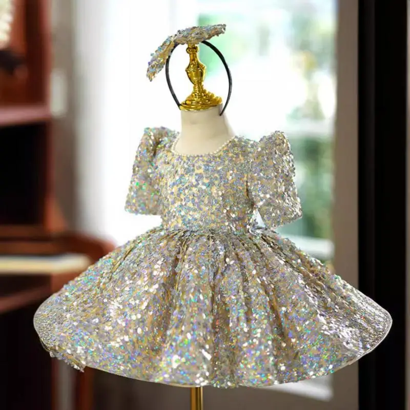 2024 Luxury Sequin Girl Birthday Party Baby Kids Princess Dress Short Sleeved Round Neck High End Ballroom Clothing for Children