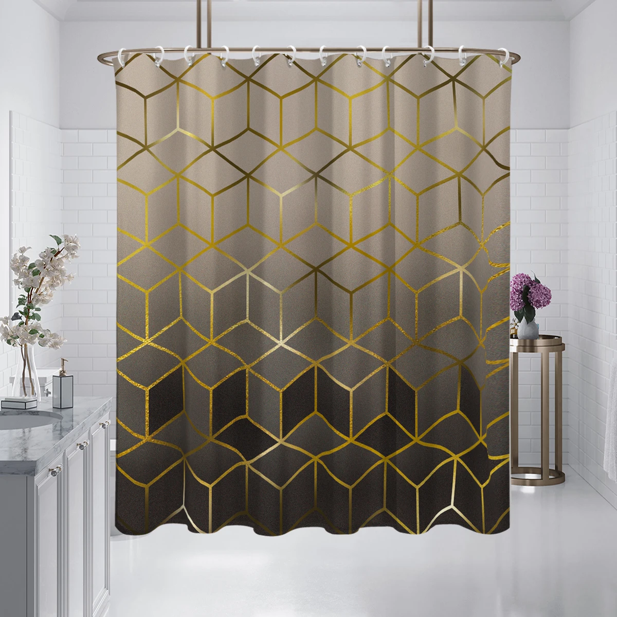 1PC brown gradient plaid pattern printed shower curtain, waterproof, washable, with 12 hooks, bathroom shower, bathtub, home use