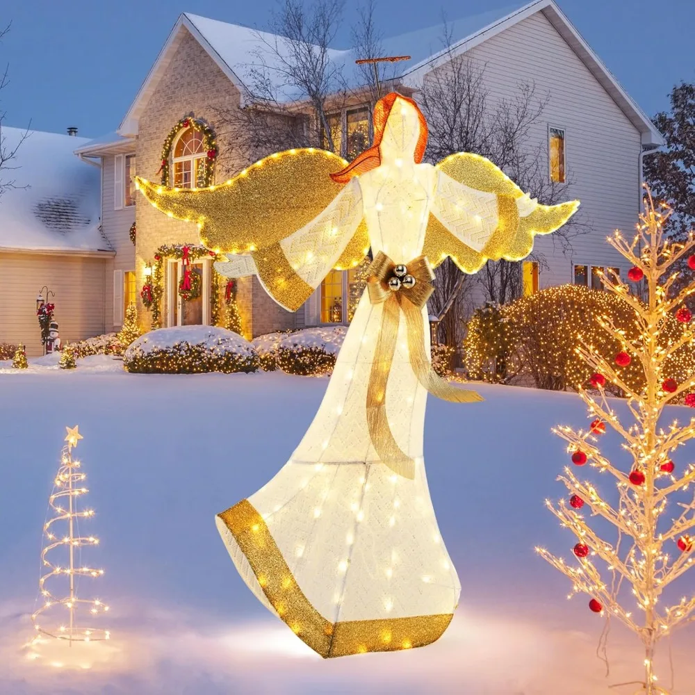

5.2 FT Outdoor Christmas Lighted Angel, Xmas Pre-lit 3D Winged Angel with Halo, Wings & 180 Warm White LED Lights, Bow