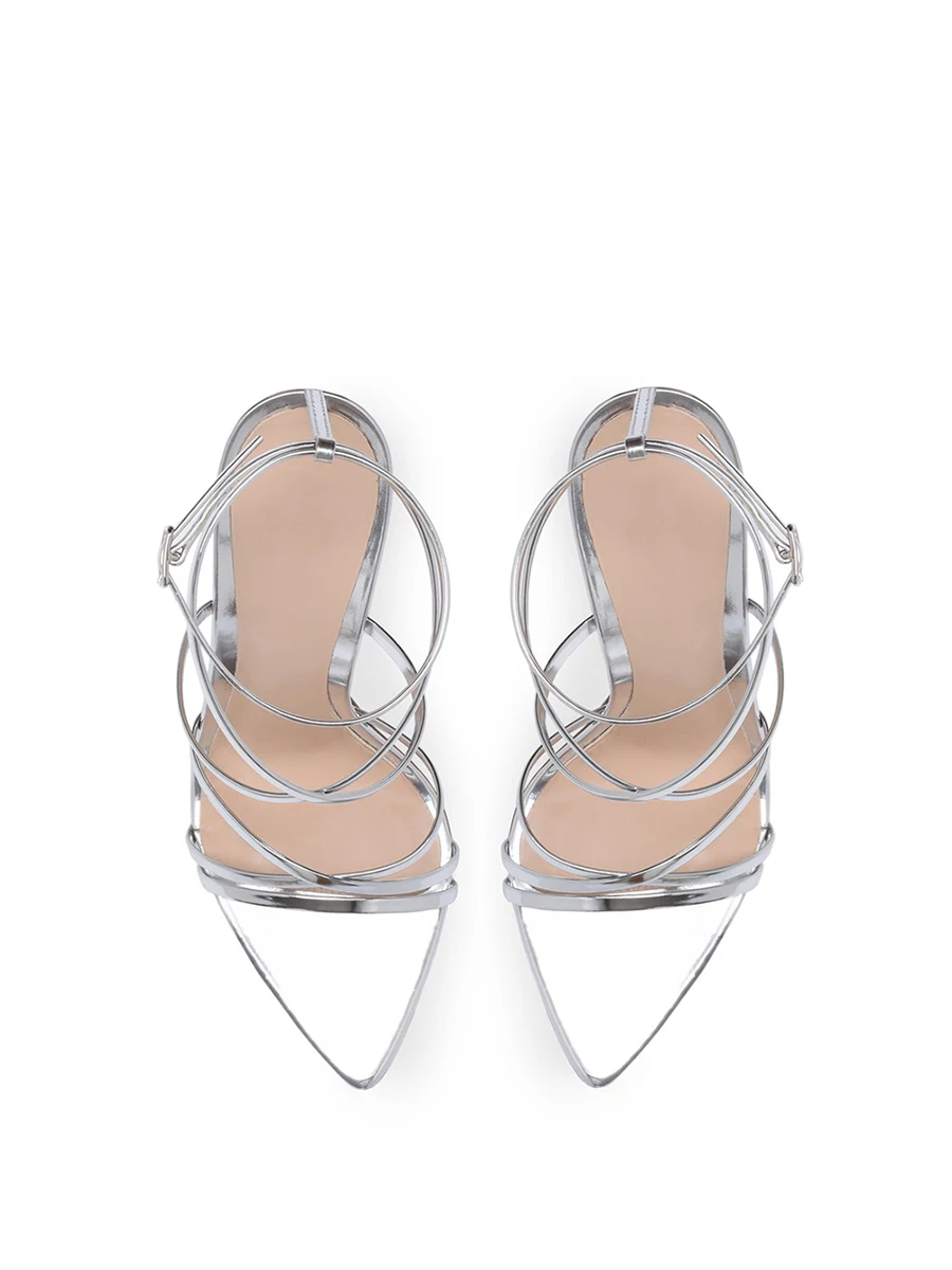 New silver pointed toe exposed cross straight strap sandals with slim heels for women, red soled high heels, fashion shoes