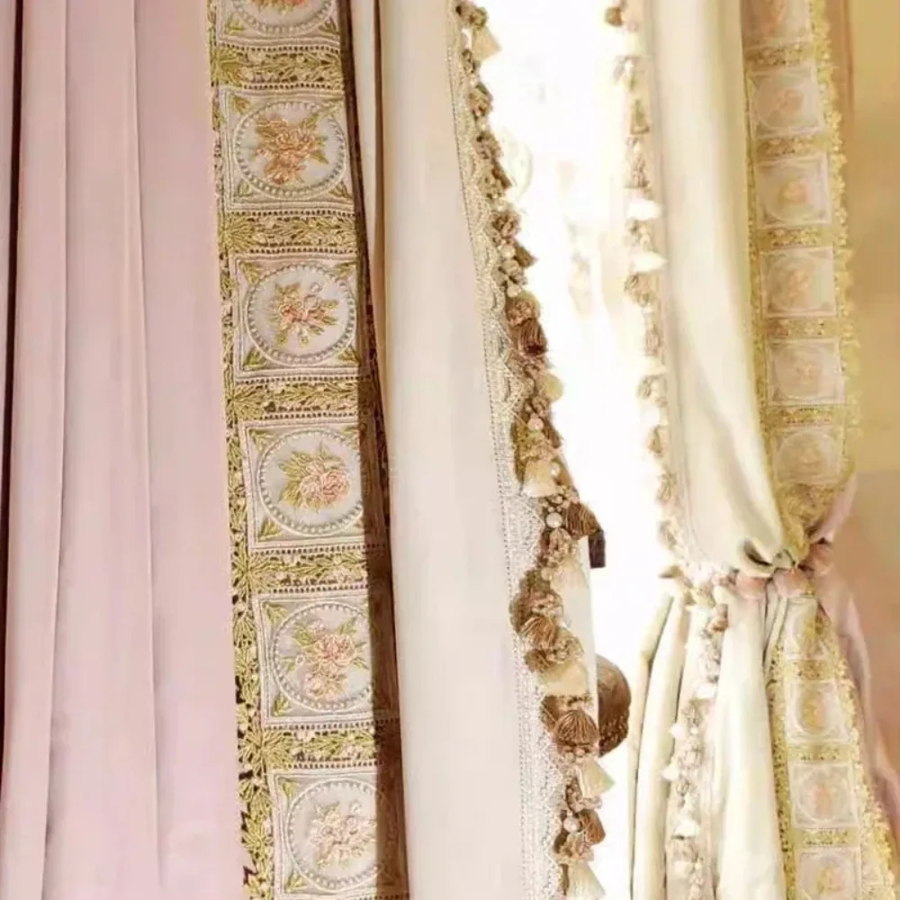 Heavy Industries Embroidery Pink Velvet Splicing Light Blocking Curtains For Living Room Bedroom Villa Customized Products