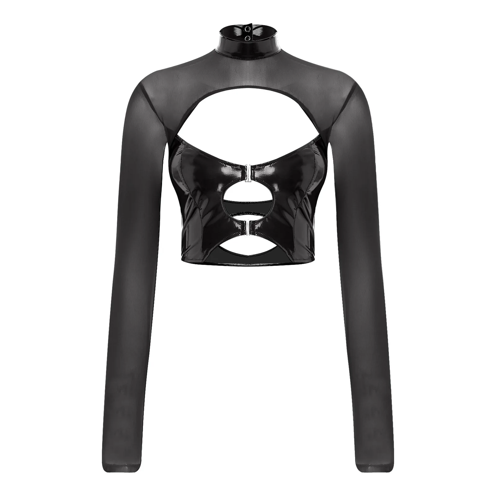 

Женские сексуальные рубашки из искусственной кожи, топ с длинным рукавом и вырезом спереди, блузка, топы с открытой спиной, клубные топы для танцев на пилоне, вечерние наряды