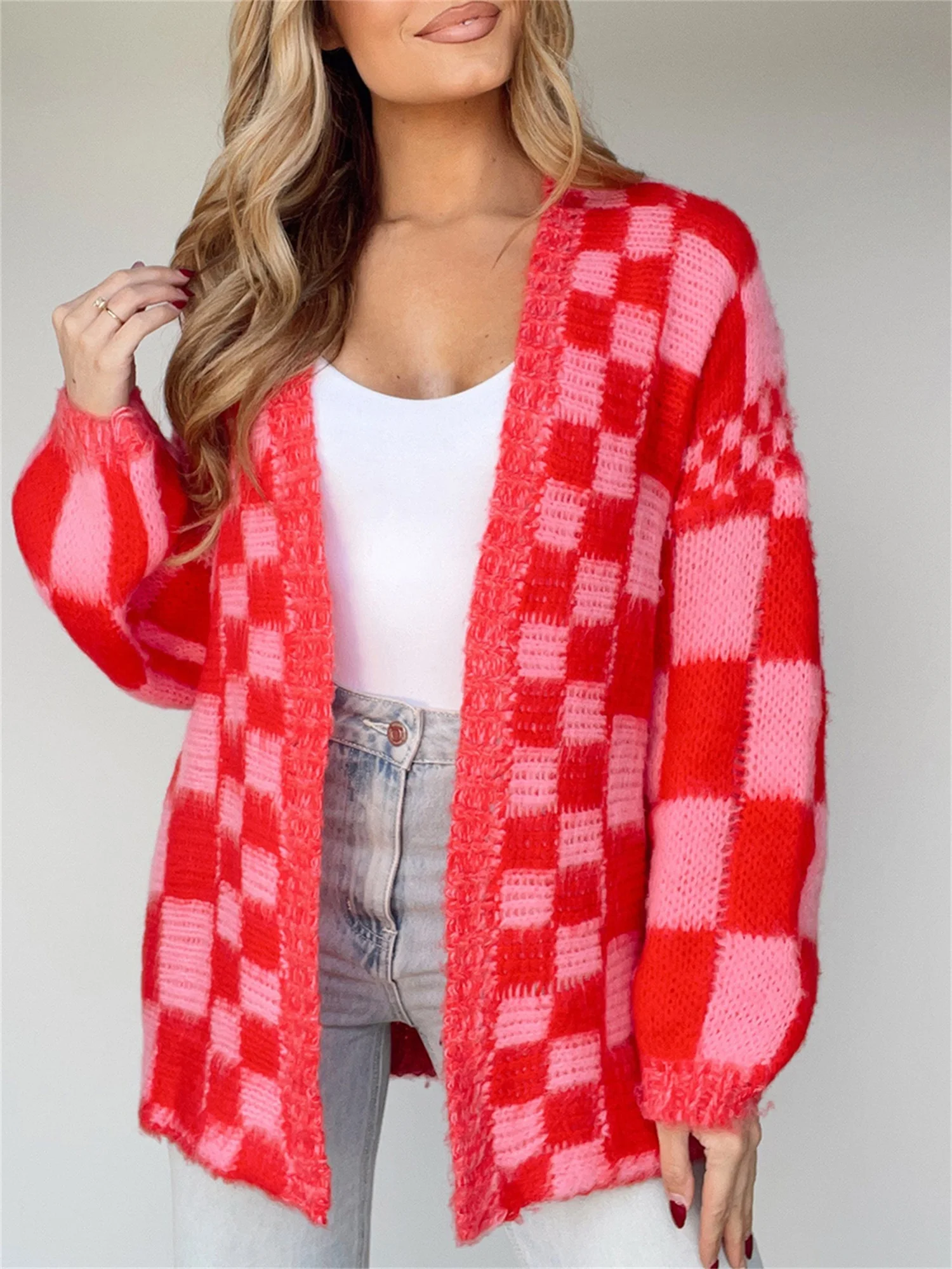 Women's Checkered Knitwears Fashion Cardigans Loose Open Front Sweater Coats Streetwear