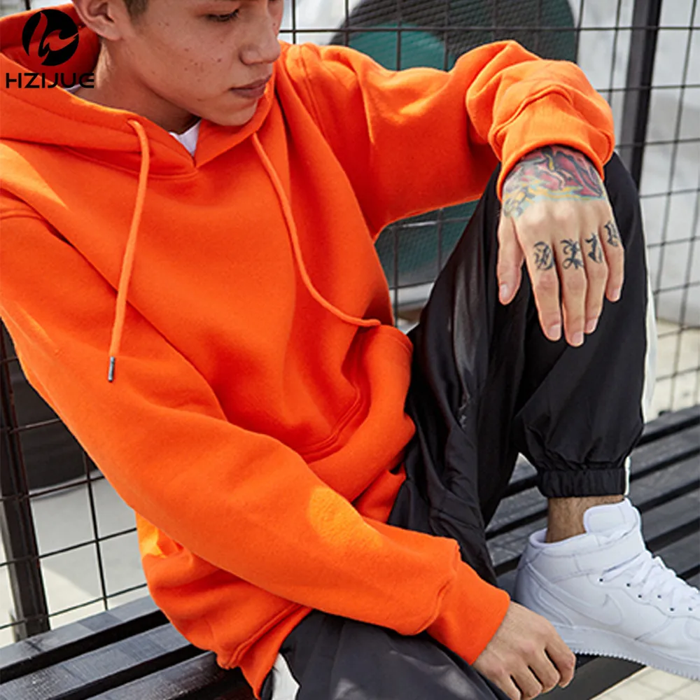 Brand Men Orange Spring Autumn Casual Hoodies Men\'s Sweatshirts Long Sleeve Solid Color Hooded Sweatshirt Male Pure cotton