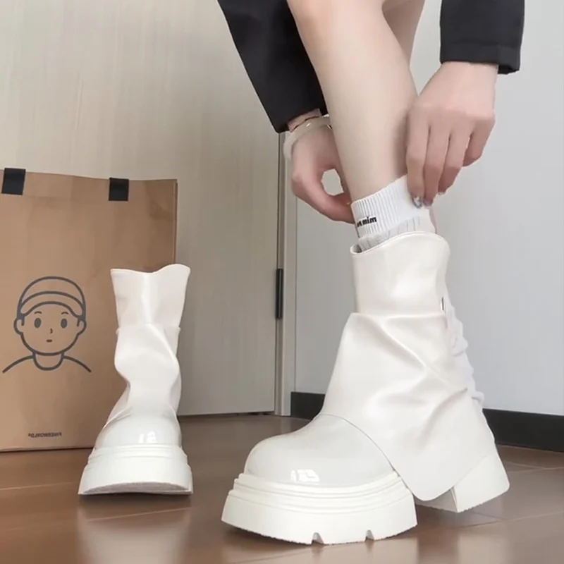 

Женские ботильоны на толстой подошве, дизайнерские плиссированные туфли с круглым носком, осенние современные короткие ботильоны Zapatos De Mujer