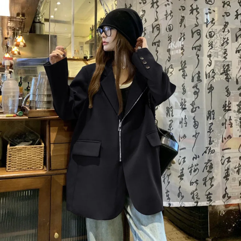 HKSH 가을 새로운 여성 세련된 블레이저 지퍼 포켓 비대칭 디자인 Office 레이디 우아한 기질 패션 캐주얼 코트 HK10693