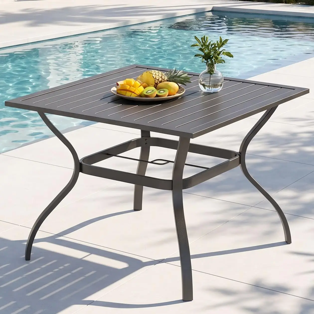 PHI VILLA Patio Table w/Umbrella Hole, Metal Dining Table for 4