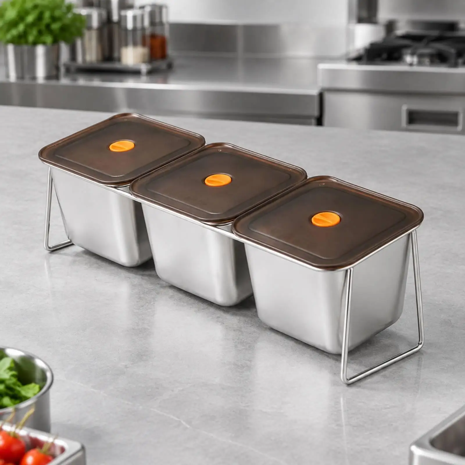Stainless Steel Condiment Container System Rounded Corners Divided Condiment Organizer with Rack for Restaurant Owners
