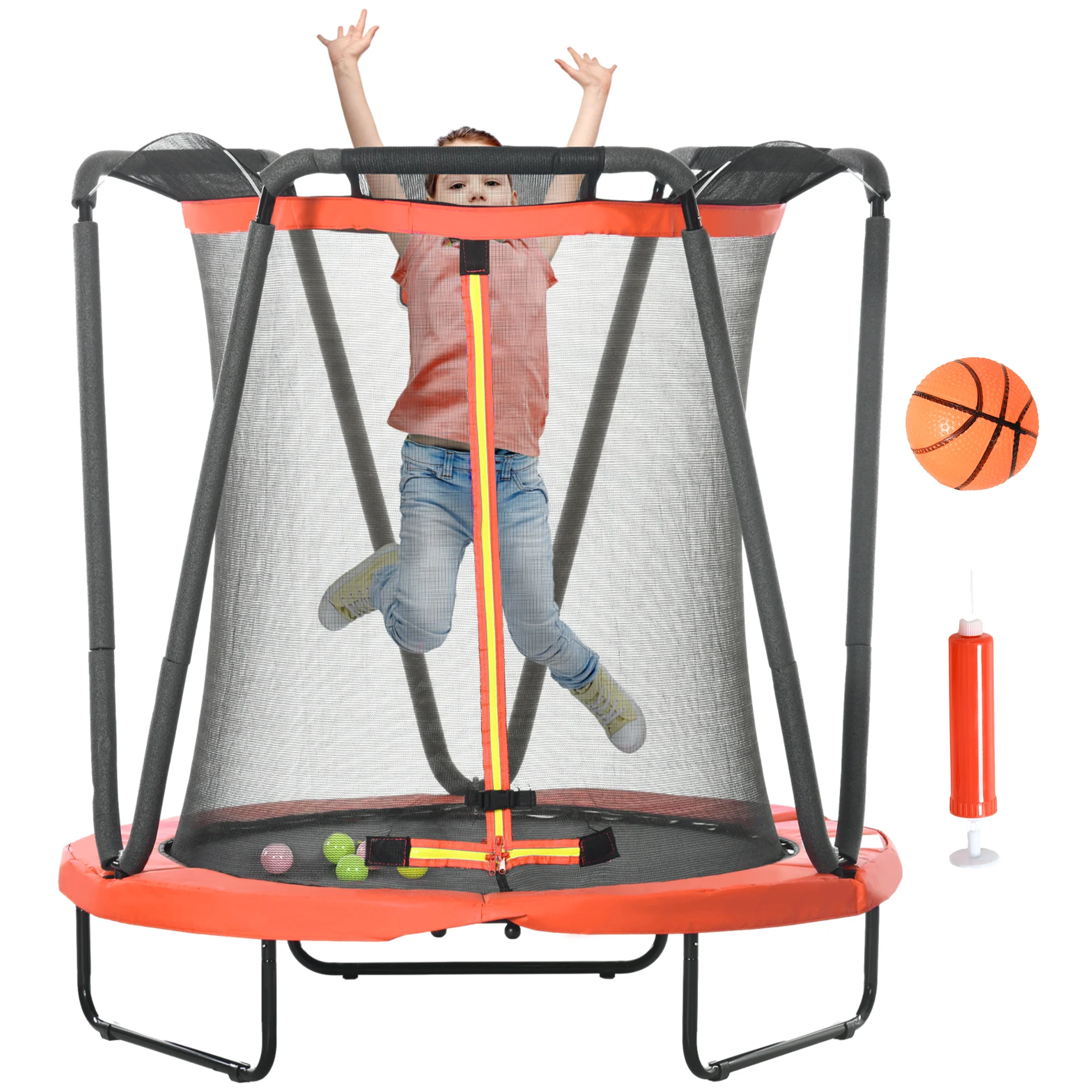 ZONEKIZ children's trampoline Ø 140 cm with basketball red plastic balls