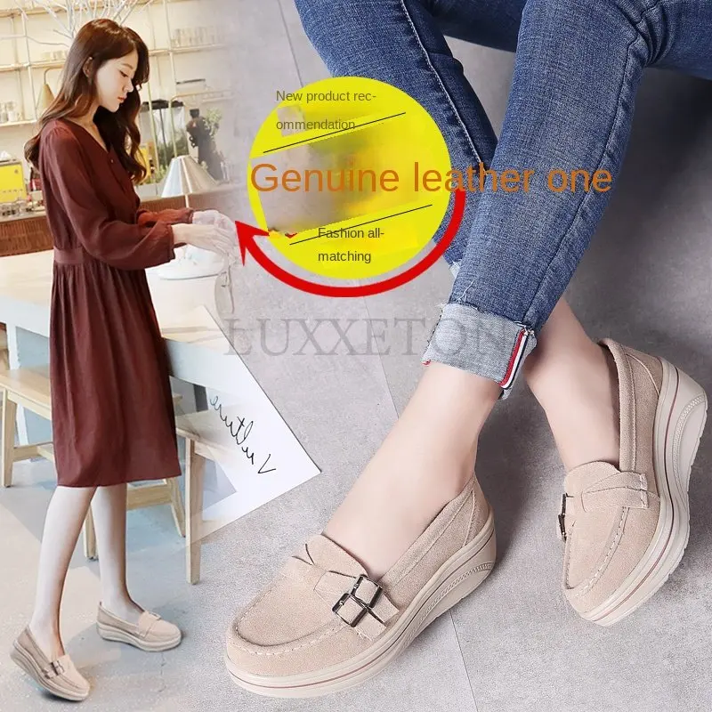 Women Platform Shoes Leather Flats Casual Thick Bottom Height Increasing Slip on Creepers Sneakers Moccasins Suede Loafers