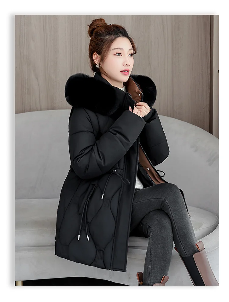 Simple Solid Color Large Fur Collar Hooded Removable Long-sleeved Down Cotton Jacket Women's 2025 Winter Thickened Warm Jacket
