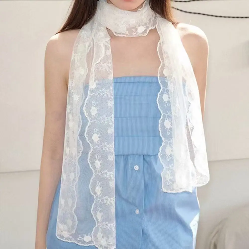 

Casual Embroidered Flower Lace Scarf Lightweight Breathable Mesh Female Headscarf Long Sunscreen Shawl Spring