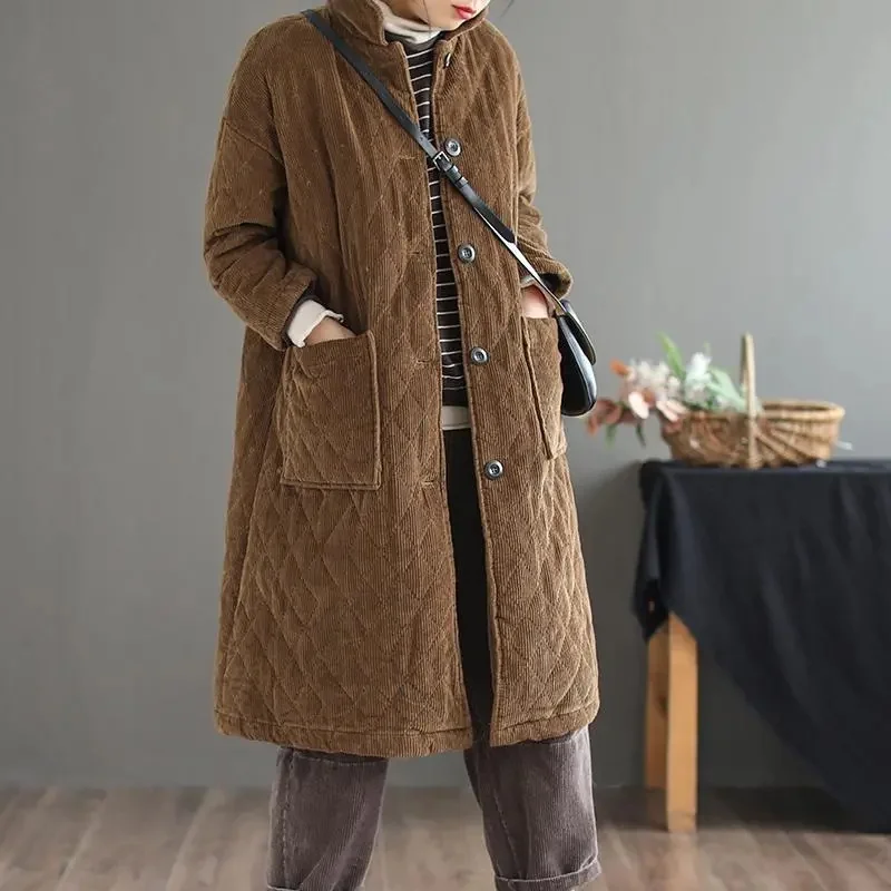 2024 New, Autumn Winter Vintage Corduroy Cotton Padded Jackets,For Women Clothes,Winter Long Coats,Casual Warm Female Overcoats,