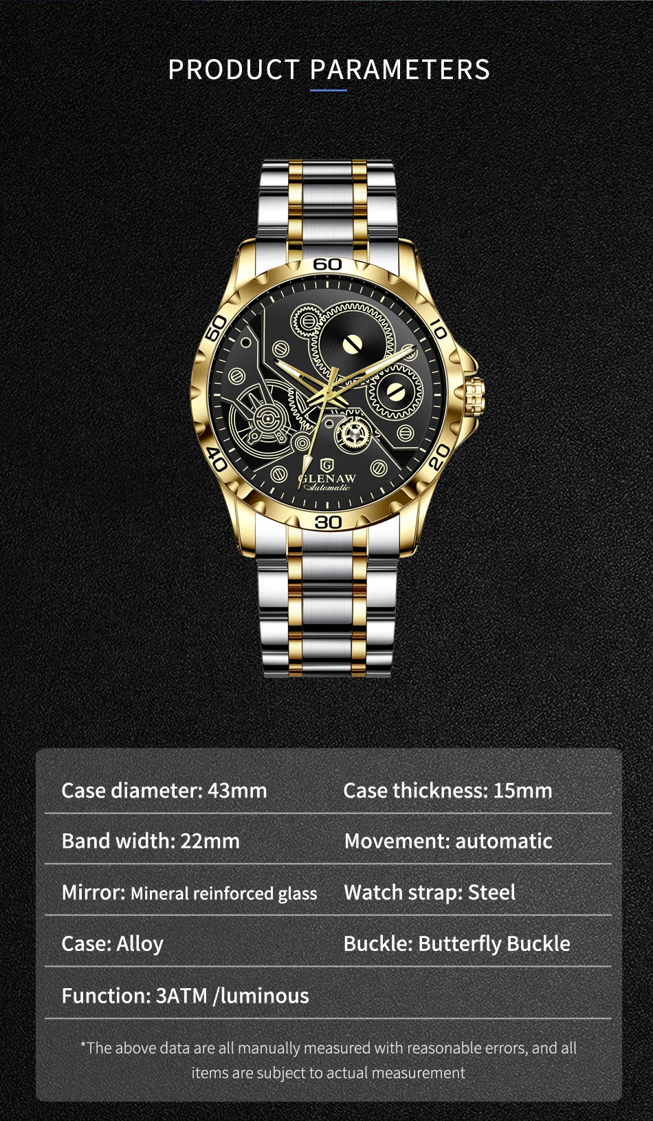 GLEAW stile sportivo completamente automatico meccanico cavo minimalista design aziendale di lusso popolare orologio impermeabile versatile