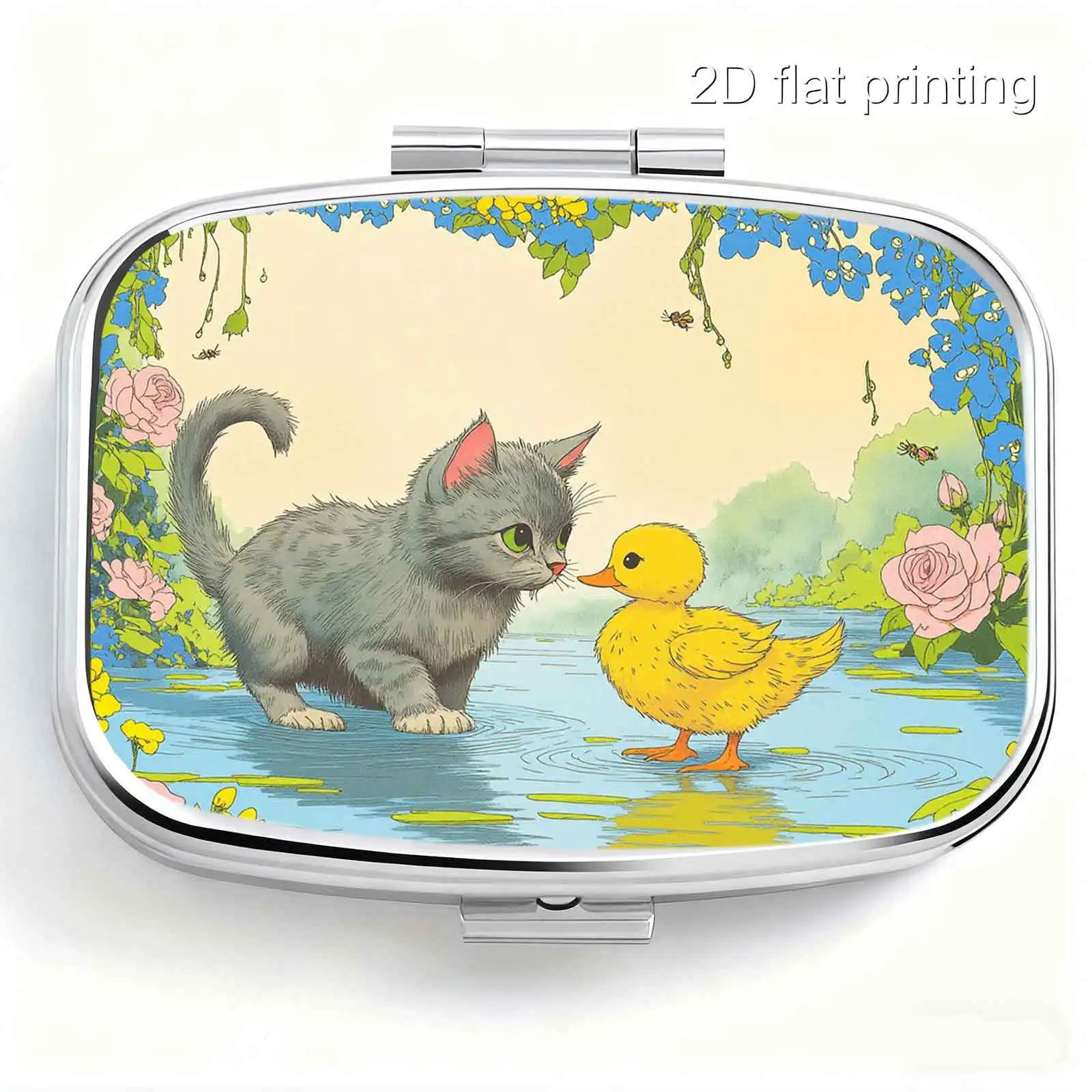 Forest-Style Watercolor Pattern with Gray Cats, Little Yellow Ducks, Flowers, and Bees, Square Two-Compartment Small Pill Box, Portable Medicine Storage, Small Jewelry Organizer, Suitable for Handbags or Travel, Holiday Gifts, Souvenirs, Prizes, Small Gifts, Suitable for Personal Use or as an Exquisite Gift Option