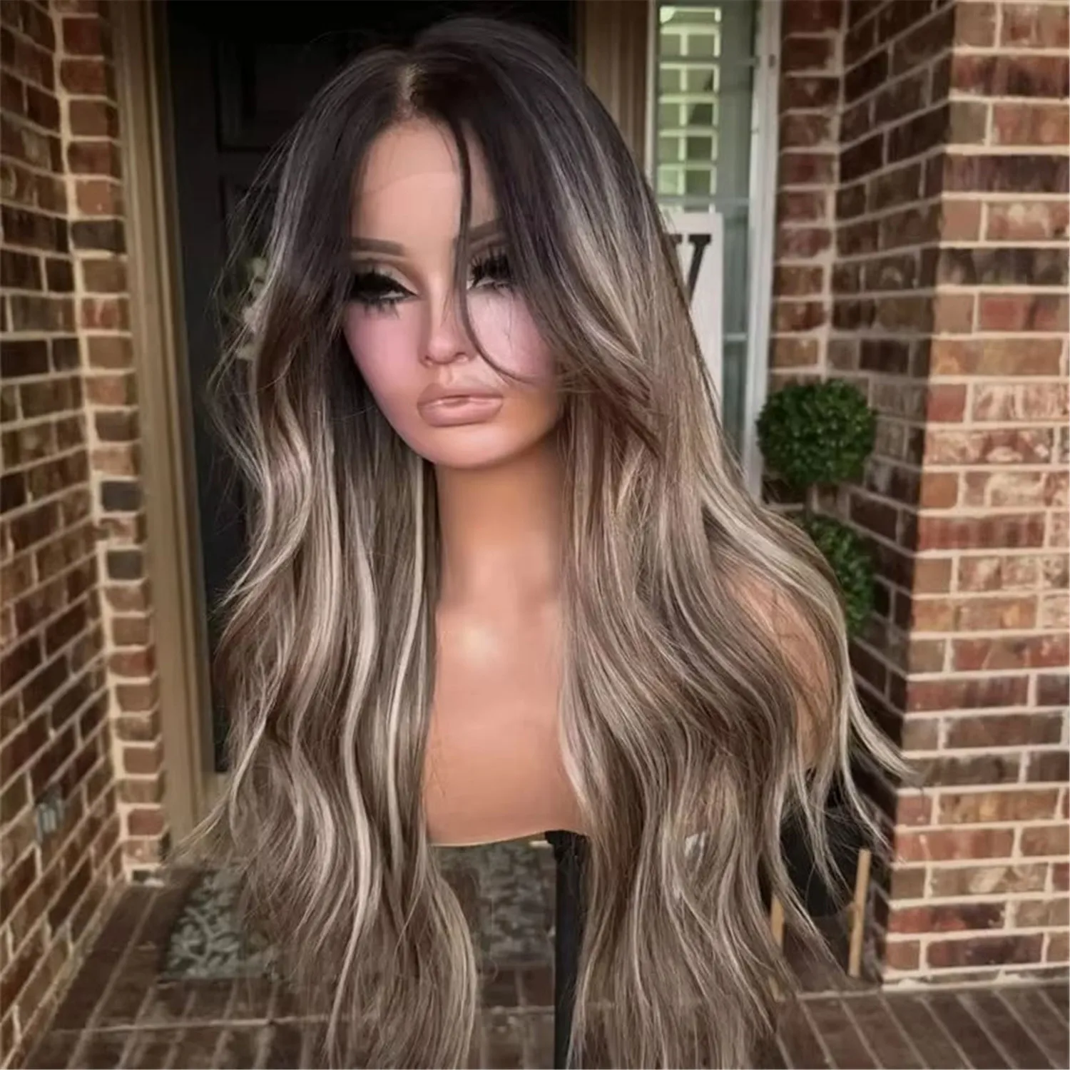 Peluca de Cabello Sintético con Ondas Suaves, Larga, Color Marrón Caramelo con Reflejos, Raíces Oscuras, Sin Pegamento, Línea de Cabello Pre-arrancada, para Fiesta y Cosplay