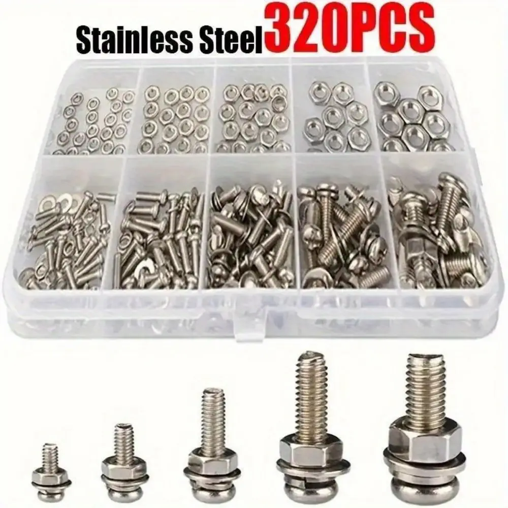 320pcs Round Head Screw Retainer Fastener Hardware Washer Nut Bolt M2 M2.5 M3 M4 M5 Structure Joint Connector Replacement Tool