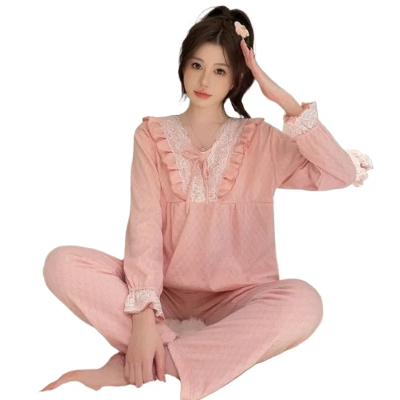 Jacquard pajama woman spring and autumn sweet princess wind long sleeve pants plus size 105KG homestays can be worn sleepwear