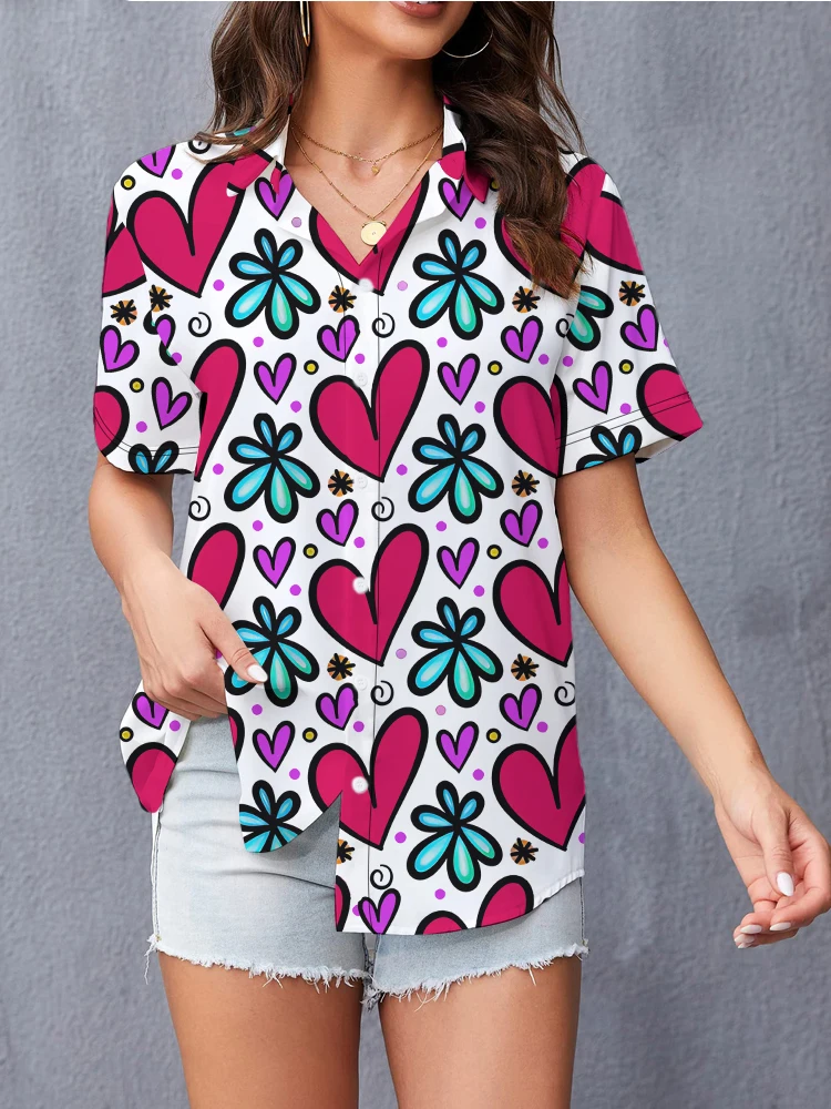 Heart Shaped 3D Digital Printing Women's Shirt Summer Daily Loose Casual Short Sleeve Shirt Valentine's Day Street Fashion Shirt