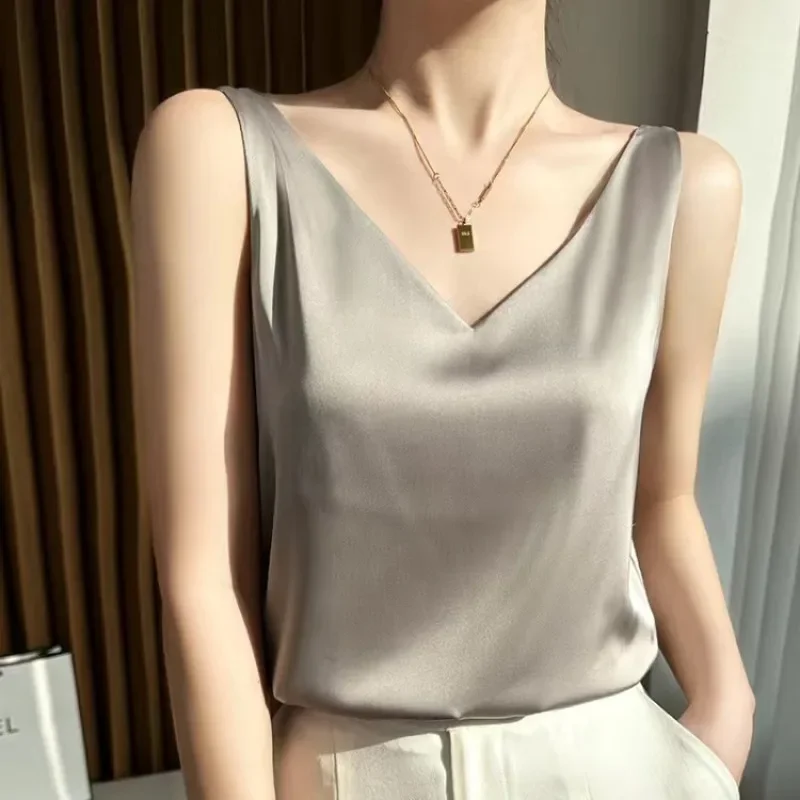 Camiseta de Tirantes de Satén y Seda con Encaje para Mujer, Tallas S-2XL, Blusa Casual sin Mangas con Cuello en V y Tirantes, Camiseta de Verano para Dama